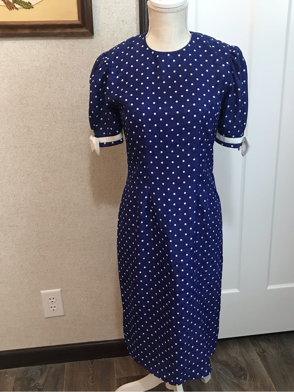 Petites by Maggie White Navy Polka Dot Puff-Sleeve Dress Size 4P Vintage 90s